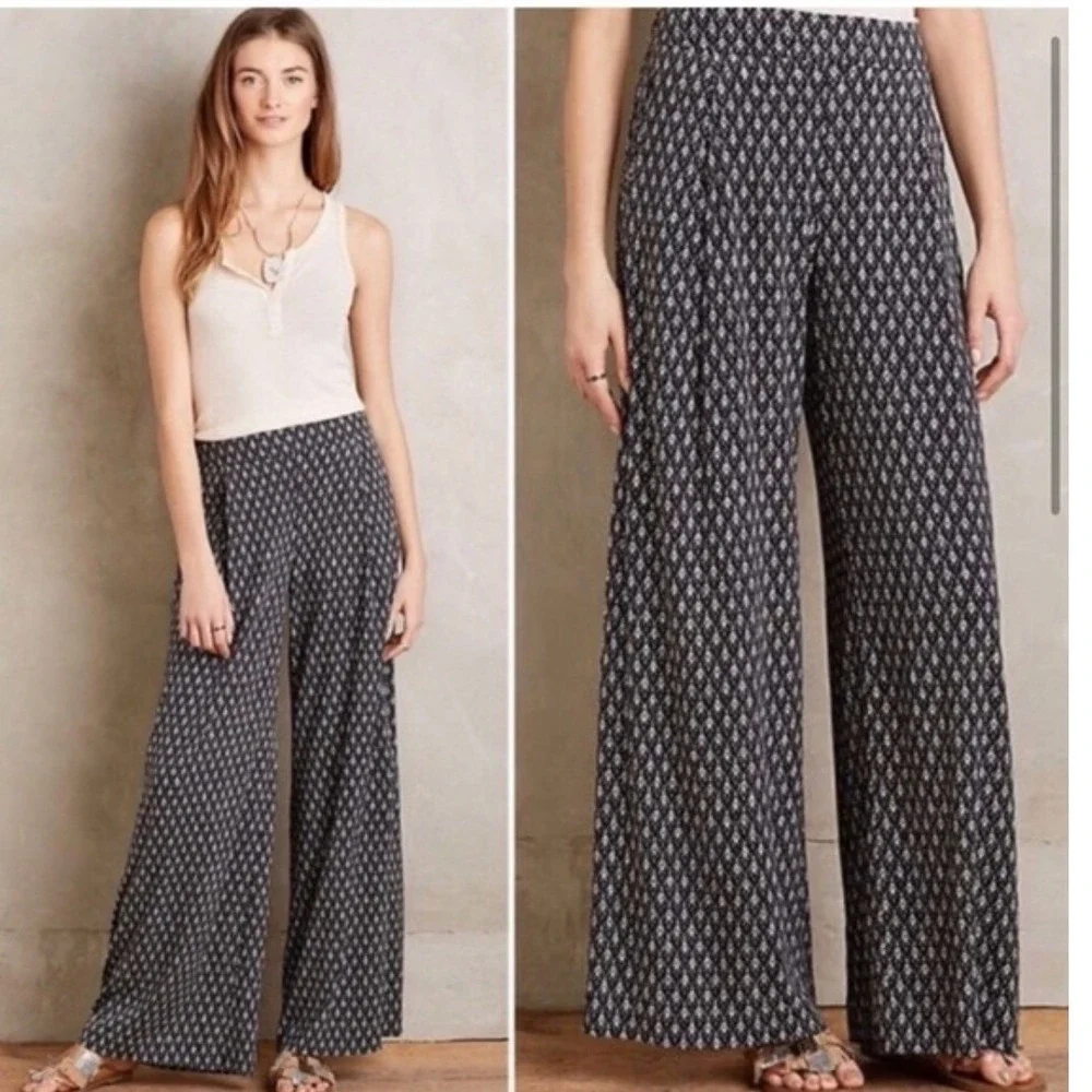 Elevenses Anthropologie Kaimana Wide Leg‎ Palazzo Pants Black White Geometric SP